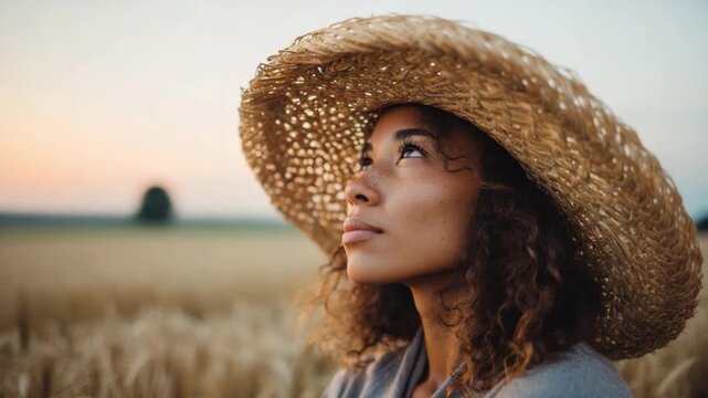 Serene Contemplation in the Wheat Field: A beautiful woman wearing a stylish straw hat looks up in a wheat field on a sunny day, evoking thoughts and emotions.