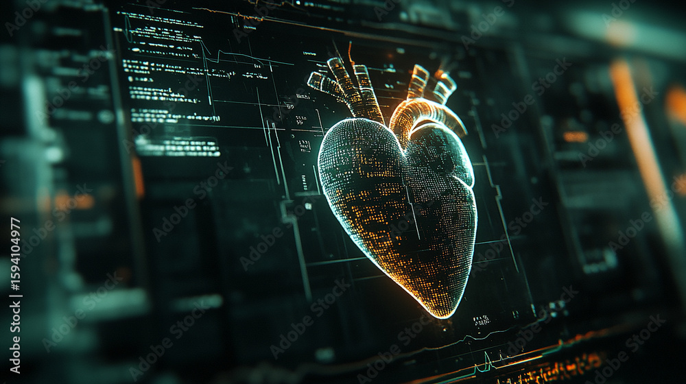 Wall mural Futuristic medical background with glowing cyan heart rate graph pulsing on a dark digital screen. Includes HUD interface elements and biometric visuals. Minimal layout with caption space on the side.