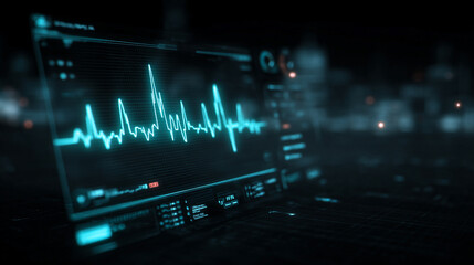 Futuristic medical background with glowing cyan heart rate graph pulsing on a dark digital screen. Includes HUD interface elements and biometric visuals. Minimal layout with caption space on the side.