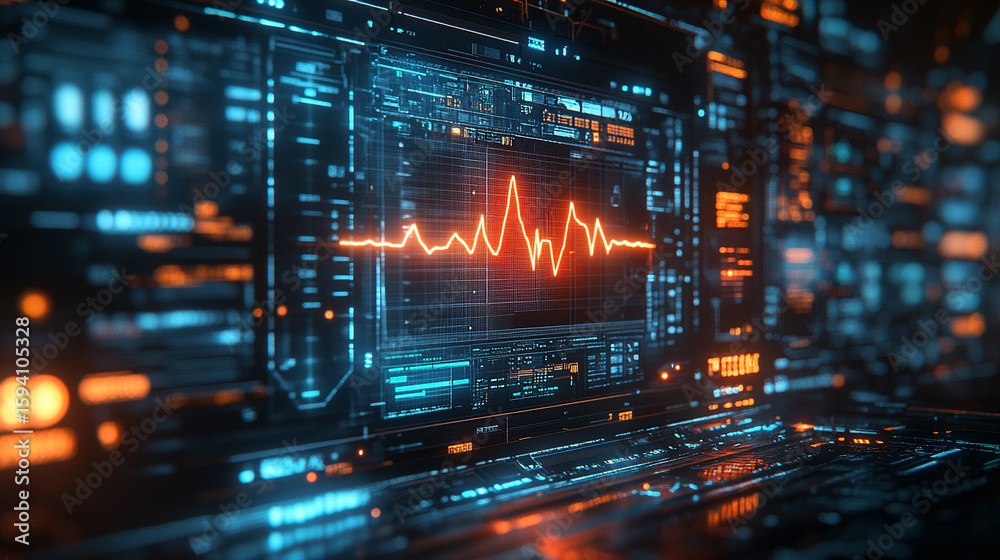 Wall mural futuristic medical background with glowing cyan heart rate graph pulsing on a dark digital screen. i