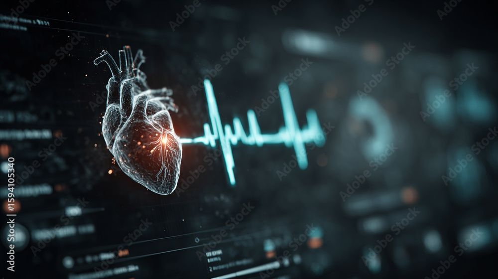 Wall mural futuristic medical background with glowing cyan heart rate graph pulsing on a dark digital screen. i