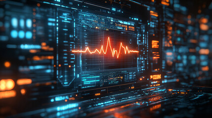 Futuristic medical background with glowing cyan heart rate graph pulsing on a dark digital screen. Includes HUD interface elements and biometric visuals. Minimal layout with caption space on the side.