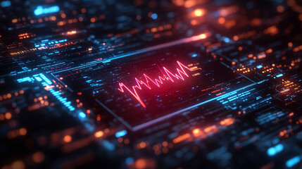 Futuristic medical background with glowing cyan heart rate graph pulsing on a dark digital screen. Includes HUD interface elements and biometric visuals. Minimal layout with caption space on the side.