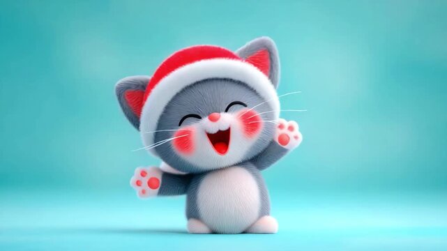 Christmas animation. Cute, funny and cheerful kitten in a Santa hat dancing and smiling on a blue background. Funny cartoon cat
