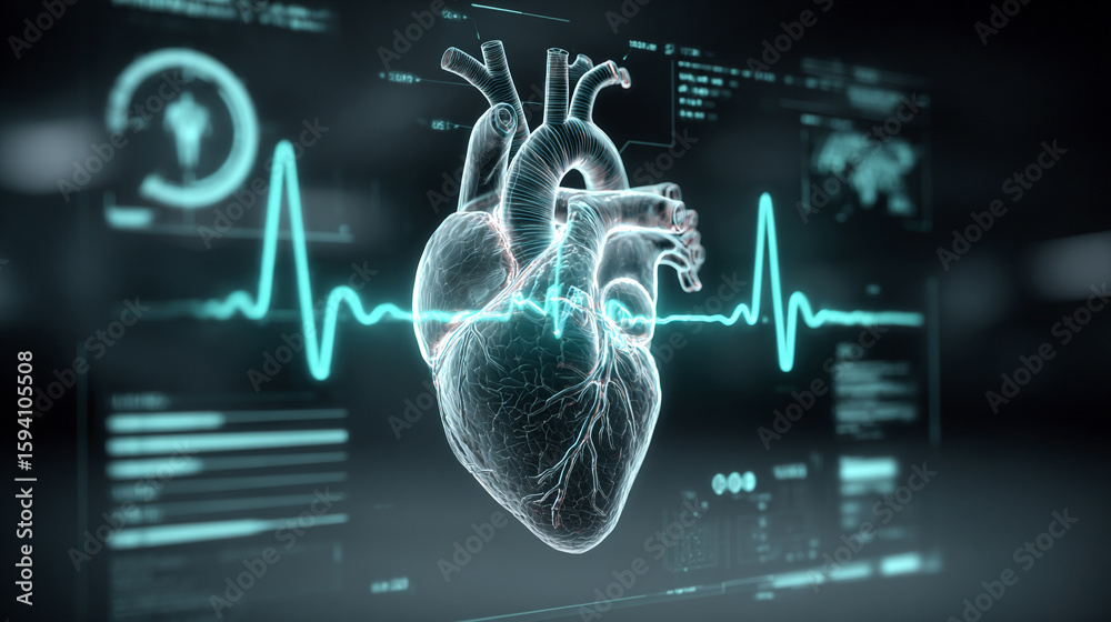 Wall mural futuristic medical background with glowing cyan heart rate graph pulsing on a dark digital screen. i