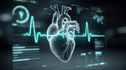 Futuristic medical background with glowing cyan heart rate graph pulsing on a dark digital screen. Includes HUD interface elements and biometric visuals. Minimal layout with caption space on the side.