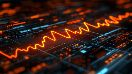 Futuristic medical background with glowing cyan heart rate graph pulsing on a dark digital screen. Includes HUD interface elements and biometric visuals. Minimal layout with caption space on the side.
