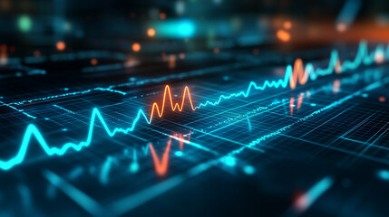 Futuristic medical background with glowing cyan heart rate graph pulsing on a dark digital screen. Includes HUD interface elements and biometric visuals. Minimal layout with caption space on the side.