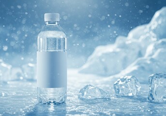 Clear Water Bottle with Blank Label in a Cold, Icy Landscape
