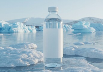 Water Bottle with Blank Label on Ice with Glaciers and Mountains Background