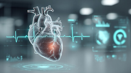 Futuristic medical background with glowing cyan heart rate graph pulsing on a dark digital screen. Includes HUD interface elements and biometric visuals. Minimal layout with caption space on the side.