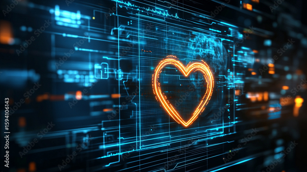 Wall mural futuristic medical background with glowing cyan heart rate graph pulsing on a dark digital screen. i