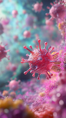 3D medical illustration of lymphocytes and immune system components. Abstract microscopic view showing immune defense cells, biology concepts, and immunology research visuals.
