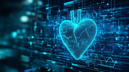 Futuristic medical background with glowing cyan heart rate graph pulsing on a dark digital screen. Includes HUD interface elements and biometric visuals. Minimal layout with caption space on the side.