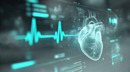 Futuristic medical background with glowing cyan heart rate graph pulsing on a dark digital screen. Includes HUD interface elements and biometric visuals. Minimal layout with caption space on the side.