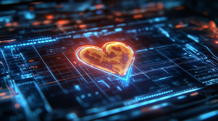 Futuristic medical background with glowing cyan heart rate graph pulsing on a dark digital screen. Includes HUD interface elements and biometric visuals. Minimal layout with caption space on the side.