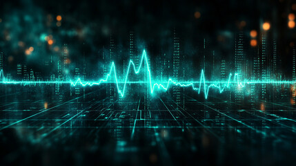 Futuristic medical background with glowing cyan heart rate graph pulsing on a dark digital screen. Includes HUD interface elements and biometric visuals. Minimal layout with caption space on the side.