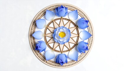 Circular arrangement of light blue lotus flowers and petals on a light beige wooden frame