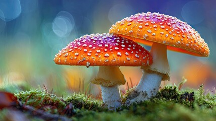 Two vibrant toadstools stand on mossy ground.
