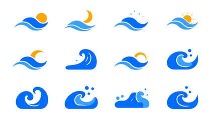 Fototapeta premium Collection of stylized blue wave icons with sun and moon elements, presented as vector graphics ideal for design and branding projects.