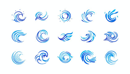 Obraz premium A diverse collection of dynamic blue water wave and splash vector icons, perfect for modern logo designs and graphic elements, isolated on a clean white background.