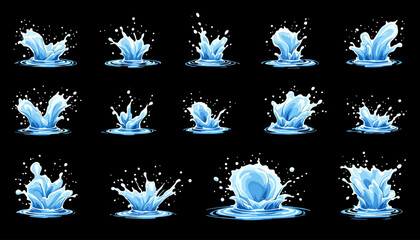 A collection of vector water splash illustrations in various shapes and sizes, perfect for adding dynamic and refreshing elements to your design projects on a black background.