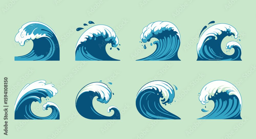Fototapete A vector illustration set showcasing stylized ocean waves with water splashes, perfect for design projects, available in a PNG format for easy integration and use.