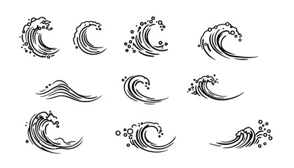 Fototapeta premium A collection of dynamic hand-drawn water wave and splash vector illustrations, perfect for graphic design elements and isolated on a clean white background.