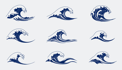 Obraz premium A dynamic vector illustration showcases a series of stylized blue water splashes, isolated on a clean backdrop, making it ideal for graphic design projects.