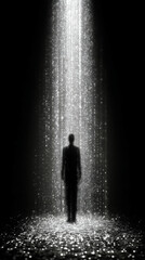 Obraz premium Pixelated silhouette of a faceless figure radiating mystery, light, and hope. Symbolizes anonymity, secrecy, and the enigmatic nature of identity within the virtual digital realm.