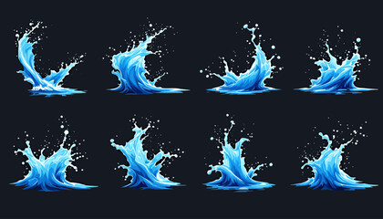 Obraz premium High-quality vector PNG illustrations of dynamic water splashes, perfect for adding a refreshing touch to your designs, websites, or animations. These versatile assets are ideal for various creative