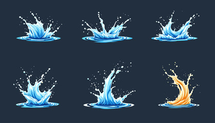 A vibrant collection of vector water splash illustrations, rendered in a dynamic art style, showcasing various forms of liquid impact against a dark backdrop for versatile design applications.