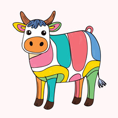 Colorful Patchwork Cow Illustration with Geometric Pattern. Quirky Farm Animal Portrait
