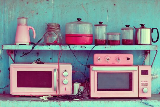 Pink appliances on a teal shelf