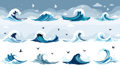 Naklejka premium A collection of stylized vector ocean waves and dynamic water splashes in various shapes, perfect for design elements and digital projects.