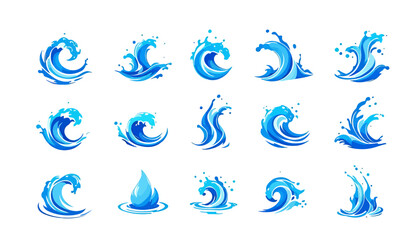 A vibrant collection of dynamic water splashes and stylized ocean waves, presented as clean vector graphics ideal for design projects.
