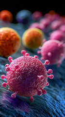 3D medical illustration of lymphocytes and immune system components. Abstract microscopic view showing immune defense cells, biology concepts, and immunology research visuals.
