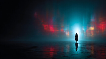 Pixelated silhouette of a faceless figure radiating mystery, light, and hope. Symbolizes anonymity, secrecy, and the enigmatic nature of identity within the virtual digital realm.

