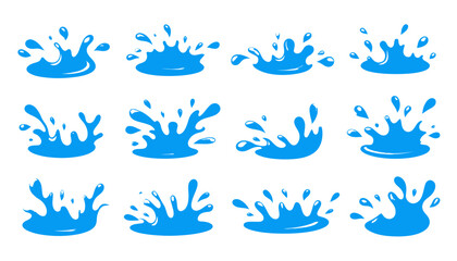 A collection of vector illustrations showcases dynamic water splashes, rendered in a clean, modern style and isolated on a transparent background for versatile use.