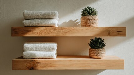 Light-colored towels and succulents on wooden shelves.
