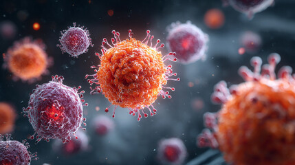 3D medical illustration of lymphocytes and immune system components. Abstract microscopic view showing immune defense cells, biology concepts, and immunology research visuals.
