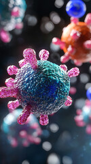3D medical illustration of lymphocytes and immune system components. Abstract microscopic view showing immune defense cells, biology concepts, and immunology research visuals.
