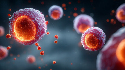 3D medical illustration of lymphocytes and immune system components. Abstract microscopic view showing immune defense cells, biology concepts, and immunology research visuals.
