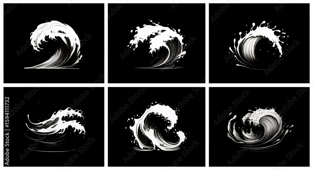 Fototapete set of six vector illustrations depicting stylized water splashes, rendered in white against a stark