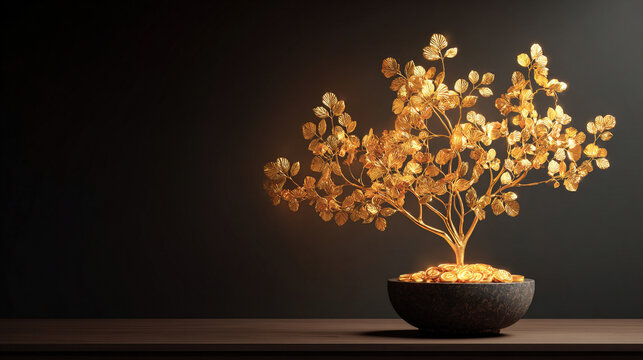 Golden money tree with radiant, shimmering leaves symbolizing wealth, prosperity, and growth. Luxurious aesthetic with rich tones and elegant glow. Caption space provided on the side for design use.

