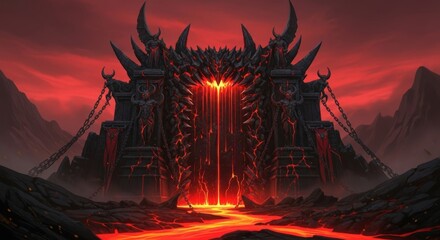 Fototapeta premium Dark Lava Fortress with Fiery Entrance and Volcanic Landscape at Sunset