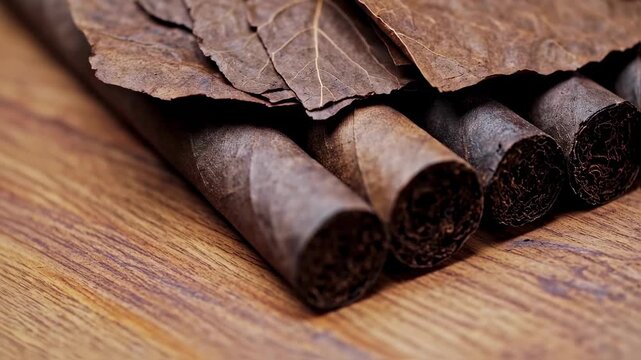 Hand-Rolled Cigars & Tobacco Leaves: Rich, Dark, Close-Up