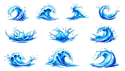 A dynamic collection of vibrant blue water splashes and ocean waves, rendered in a detailed vector style, perfect for various design projects.