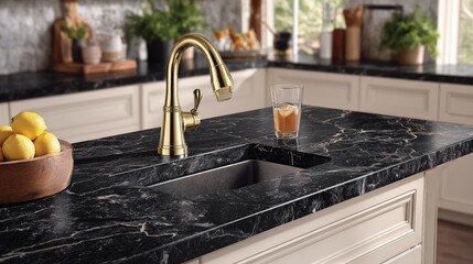 Gold faucet mounted on a black granite countertop.