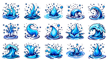 Dynamic vector illustrations showcasing a collection of water splash elements, perfect for design projects needing a vibrant and refreshing aquatic visual.